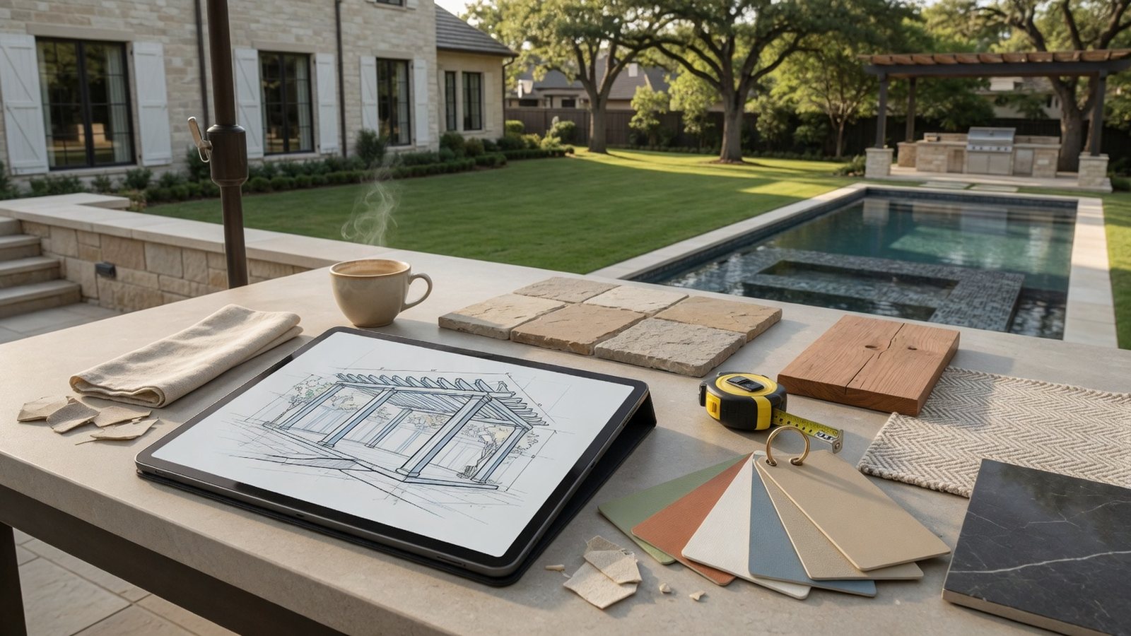 Outdoor shade plans and material samples arranged for a project consultation