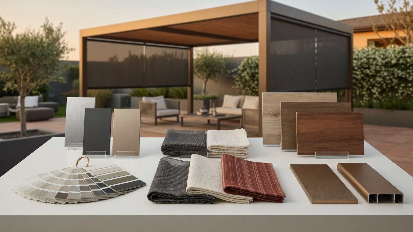 Outdoor structure material and finish samples for a patio screen enclosure